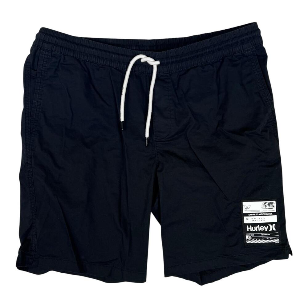 VTG Hurley Chino Shorts Mens Large Black Elastic Waist Drawstring Beach Y2K